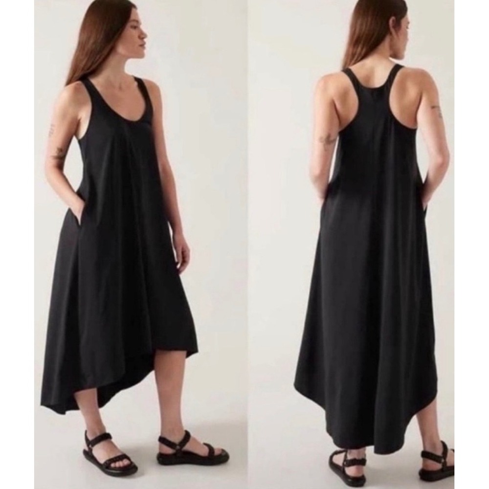 Athleta Presidio Dress Black High Low Racerback Maxi Pockets XL 486452
